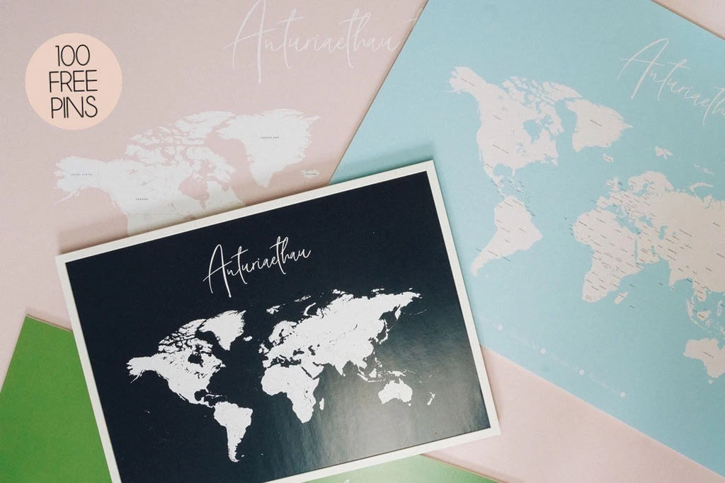 Personalised World Travel Push Pin Map - ANY COLOUR - 100 FREE pins