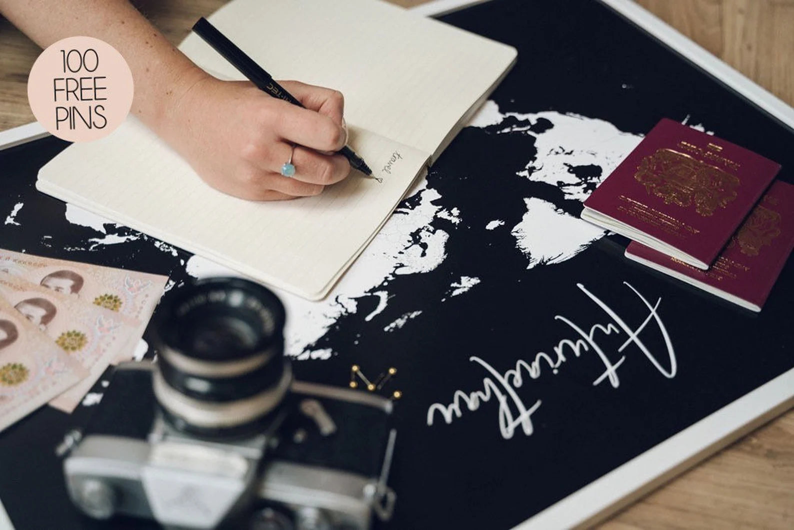 Personalised World Travel Push Pin Map - ANY COLOUR - 100 FREE pins