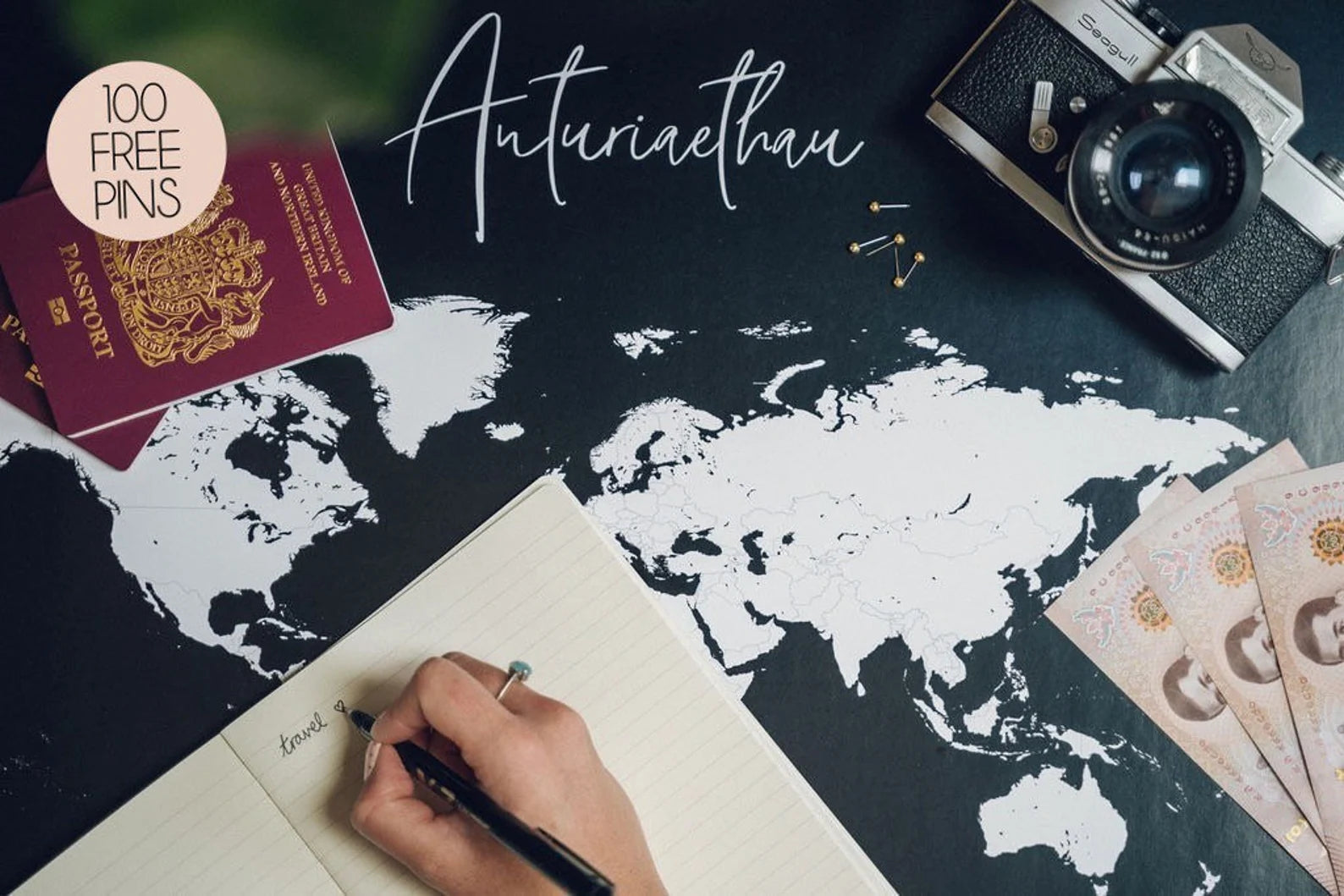 Personalised World Travel Push Pin Map - ANY COLOUR - 100 FREE pins